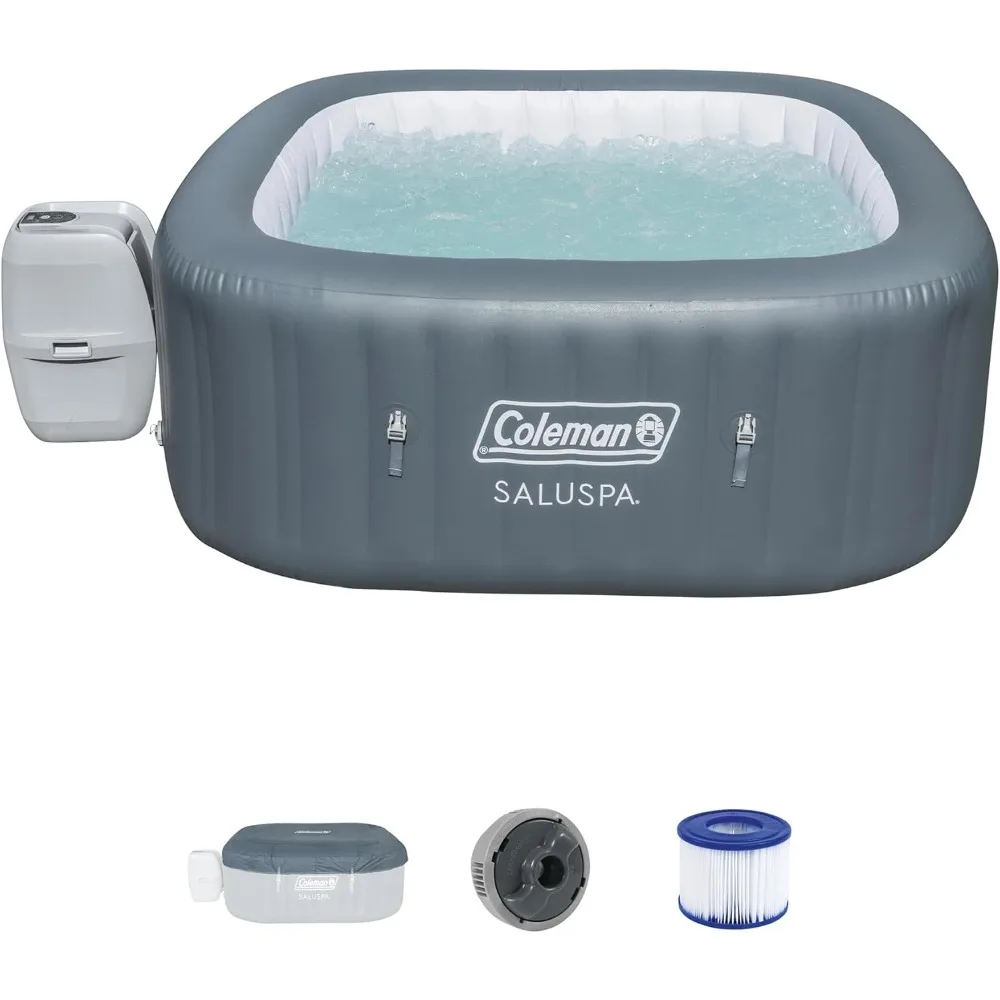 SaluSpa AirJet 4 to 6 Person Inflatable Hot Tub Square Portable Outdoor Spa with 114 Soothing AirJets and Insulated Cover, Gray