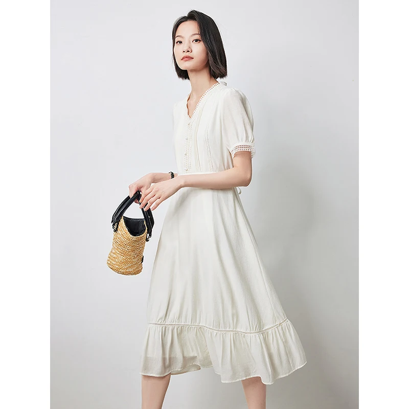 TOYOUTH Women Chiffon Dress 2024 Summer New Luxury Acetate Lace Panel Dress V-neck Buff Sleeve Elegant Fashion White Dress