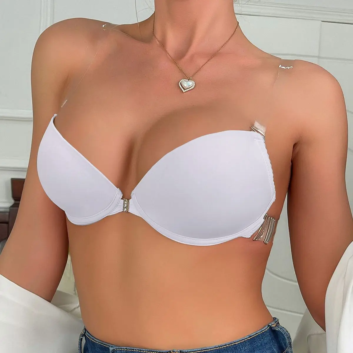 Beauwear Front Closure Half Cup Bra Push Up Strapless Invisible Party Bra for Women with Transparent Straps