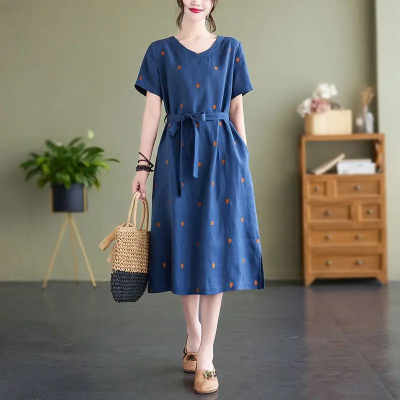 Nova chegada artística floral impressão midi dr na altura do joelho saia linha a material de algodão v-ne ort sve verão dr