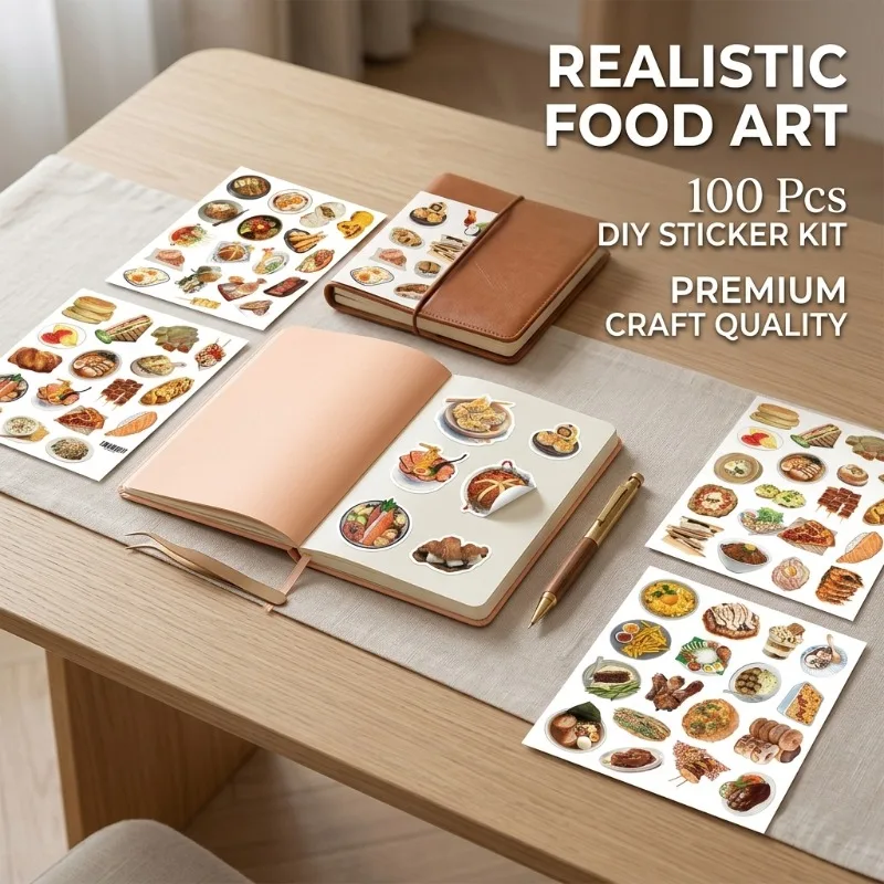 100Pcs Realistic Food Stickers Cartoon Delicious Patterns Creative Decorative Decals for Notebook Stationery and Journal DIY