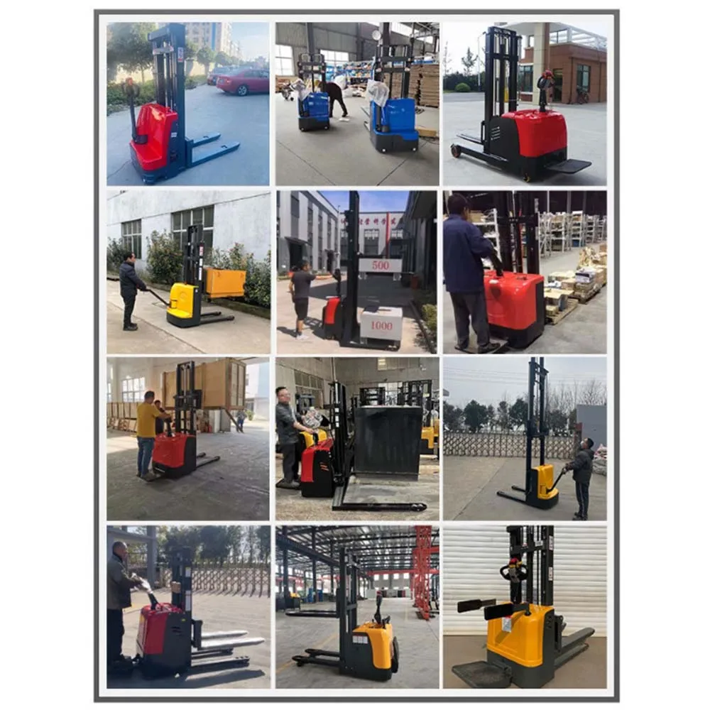 رافعة شوكية كهربائية صغيرة تعمل بالتحكم في المحطة مع تكديس الزجاجات الكهربائية، الرافعة الشوكية، شاحنة المستودعات، التفريغ والتعامل معها