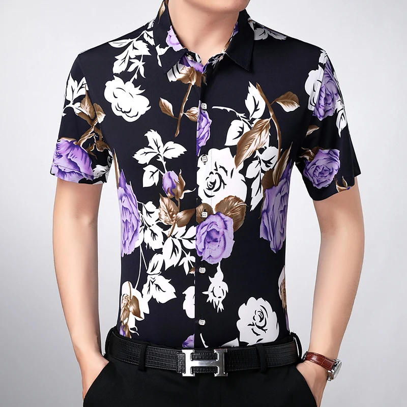 Rose Print Floral Lapel Shirts For Men Short Sleeve Skin-Friendly Summer Quality Soft Comfortable Casual Easy Care Chemise Homme