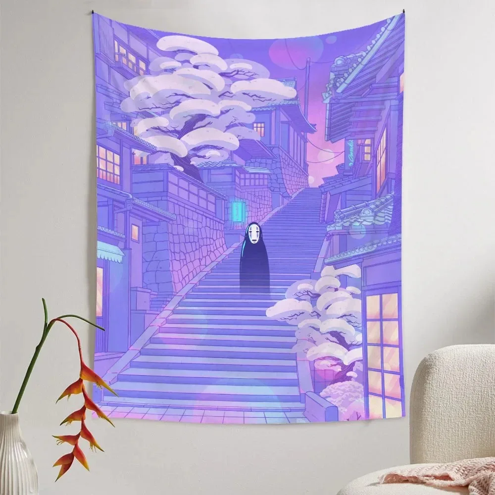 VIKAMA Kawaii Tapestry Anime Wall Art Fantasy Purple Street Stairs Design for Bedroom Dorm Room Game Room Decor Gift