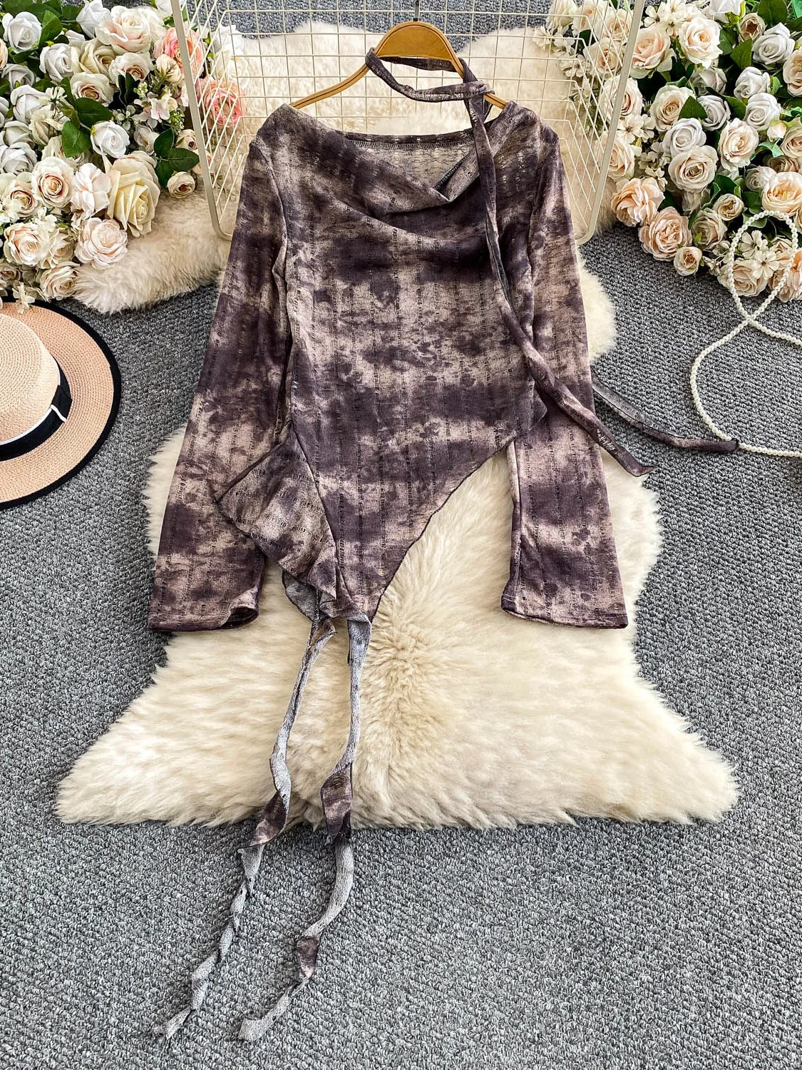 Cseta Sexy de Manga Larga Estilo Americano para Mujer, Ajustada, E, con Diseño de Cinta Asimétrica Desgastada, Cint...