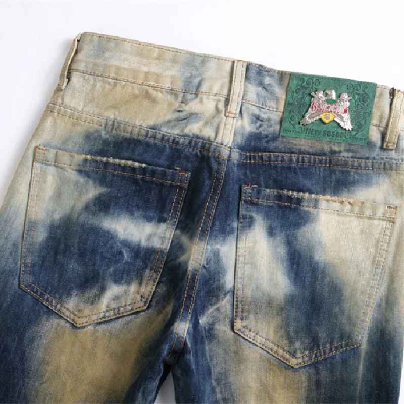 Jeans vintage de perna reta masculino, calças de motocicleta, fino, elástico, rasgado, leve, na moda, novo, moda, 2024