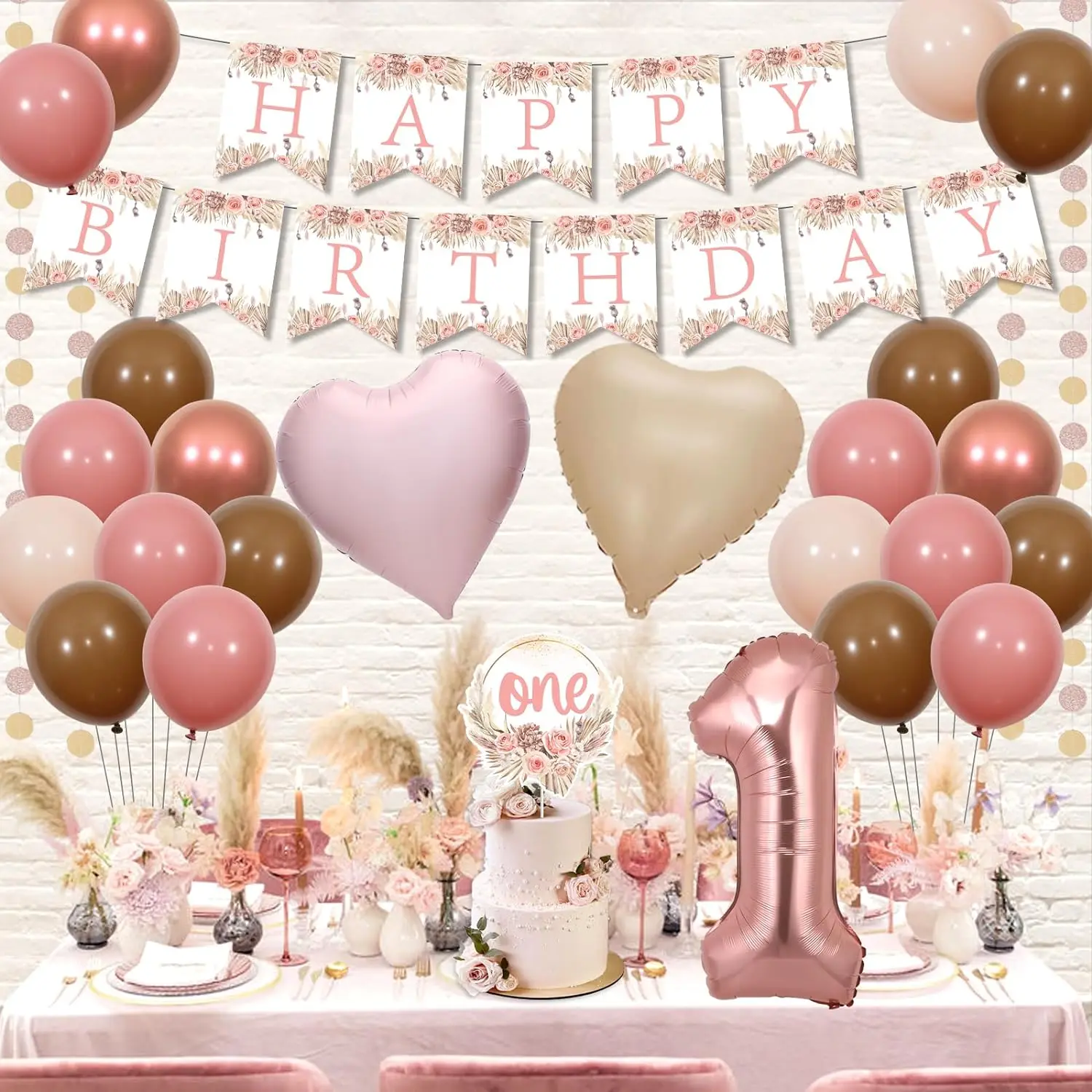 1st Birthday Decor Blush Pink First Happy Birthday One High Chair Banner Retro Hippie Boho Theme Birthday Party Supplies