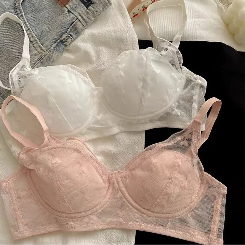 SP&CITY Sweet Lace Mesh Hollow Out Sexy Bras For Women Small Chest Gathered Anti Sagging Cute Bow Bras Summer Student Lingerie