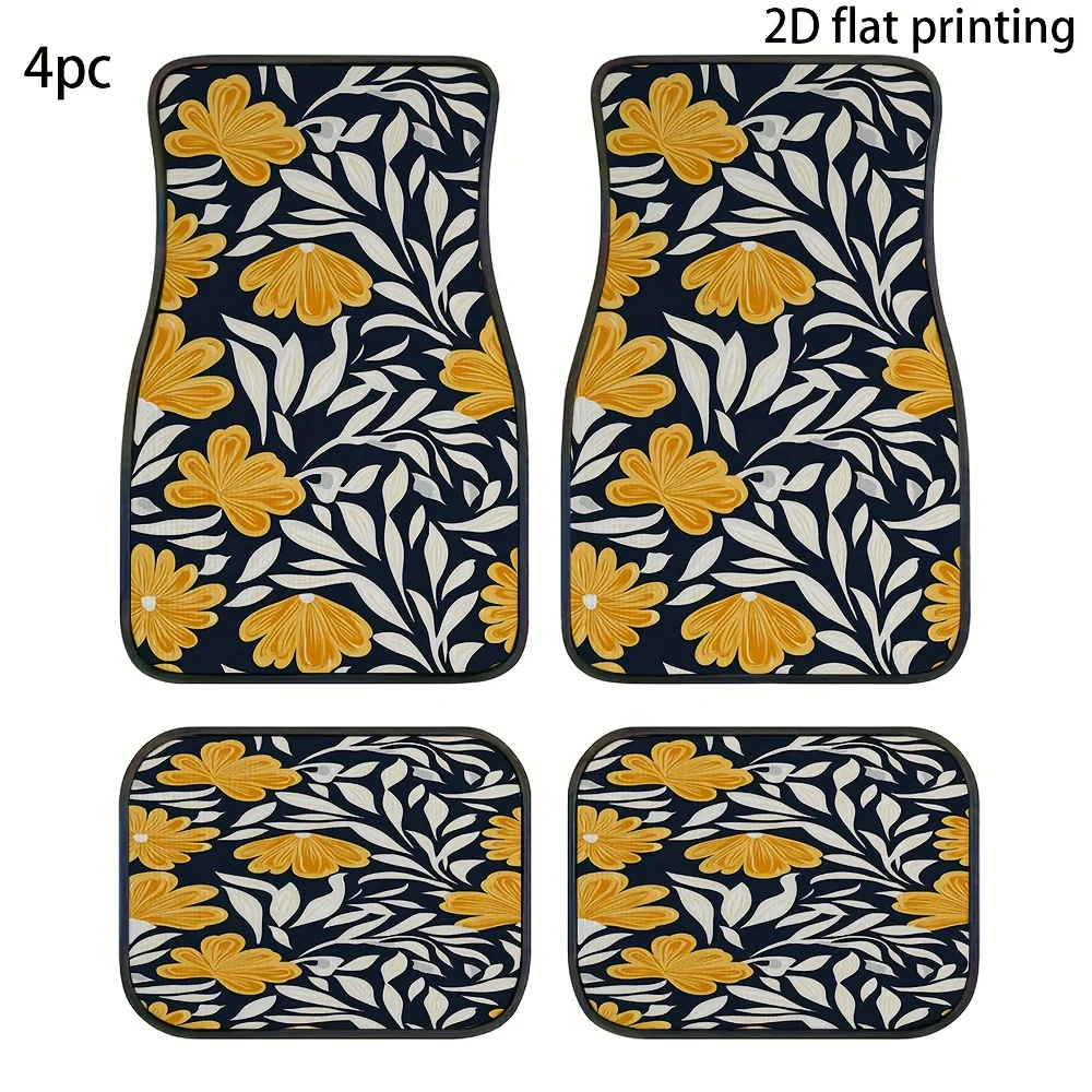 4pcs Car Floor Mats, Orange Flower And White Green Leaf Pattern Universal Fit Material All-Season Use For Front & Rear Seat Acce