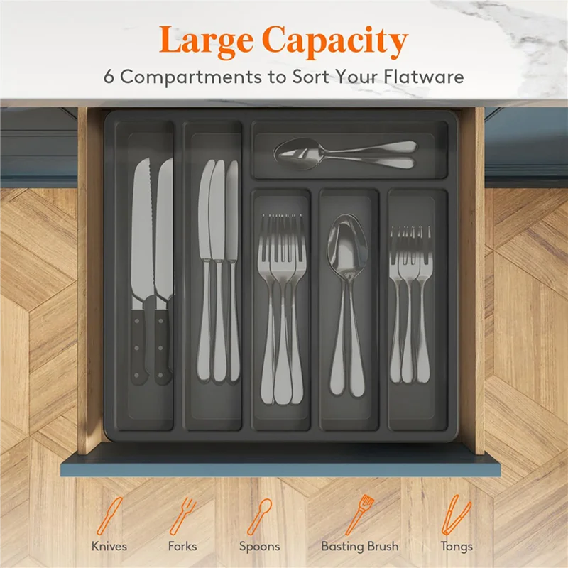 

A88E-2X Silverware Organizer With Lid,Covered Utensil Tray For Kitchen Drawer Plastic Cutlery And Flatware Black