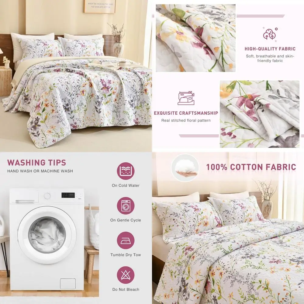 

Queen Size Yellow Floral 100% Cotton Bed Quilt Set with Botanical Pattern Vintage Lightweight Bedding