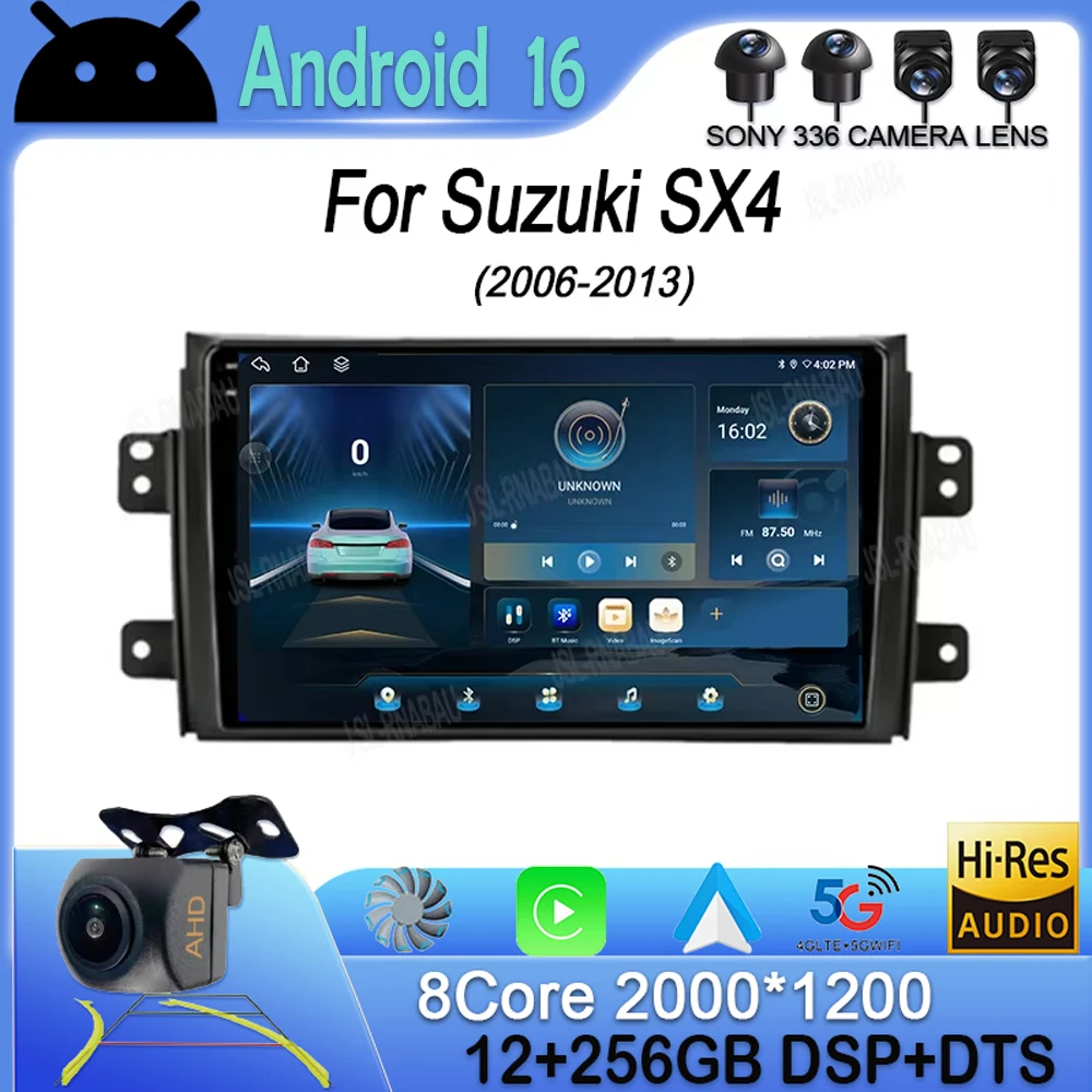 Radio para Auto con Android 16 y Carplay para Suzuki SX4 2006-2013 y Fiat Sedici 2005-2014, Navegación, Reproductor Multimedia de Video, Audio, Estéreo 2din