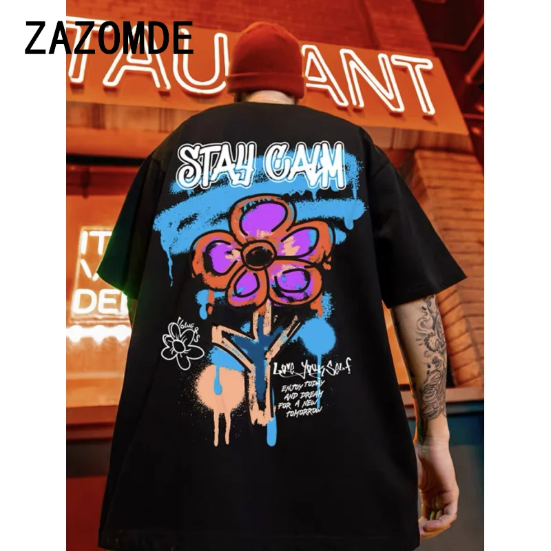 ZAZOMDE Street Cotton Man T-Shirts Positive Vitalty Smiling Flower Printing Short Sleeve Oversize O-Neck Soft Trend Mans Clothes
