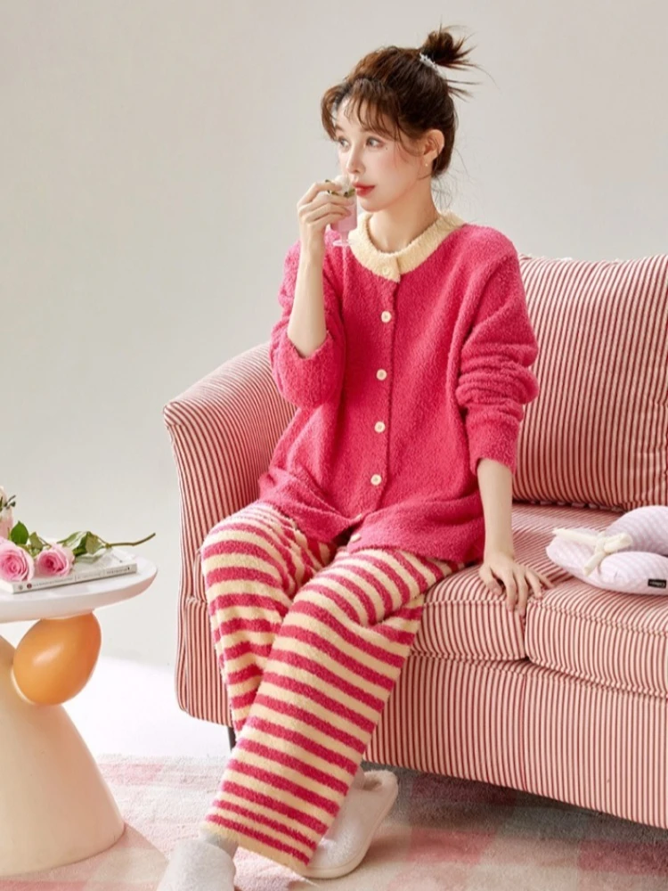 

Winter Half Fleece Pajamas Women Korean Sweet Contrast Color Homewear Set Flanne Thick Warm Long-sleeved Trousers Two-piece Set