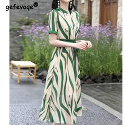 Elegant Fashion Casual Striped Print Belt Dresses Summer Autumn 2023 Short Sleeve V-Neck Loose Tunic Midi Dress Women's Clothing