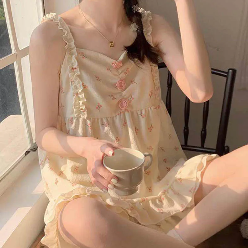 Floral Sleepwear Women Pajama Sets Korean Piiama Summer Set 2 Pieces Night Wear Sleeping Spaghetti Strap Student Home Suit 2024