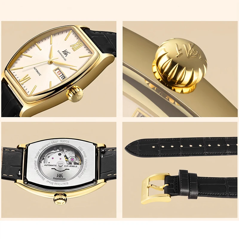 SHANGHAI Classic Tonneau Automatic Mechanical Watches For Men 36×48 mm Case Day‑Date Wristwatch 5ATM Water‑Resistant Model S8005
