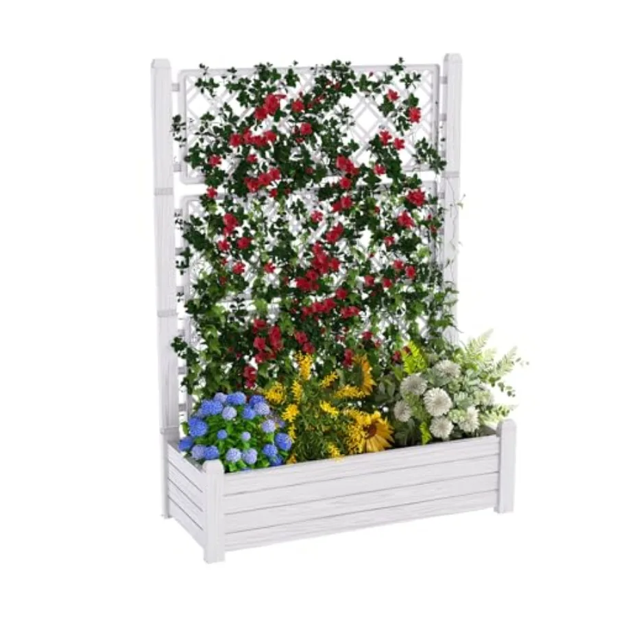Outdoor elevated raised garden bed with trellis, weather-resistant resin planter box for backyard or balcony use, black finish,