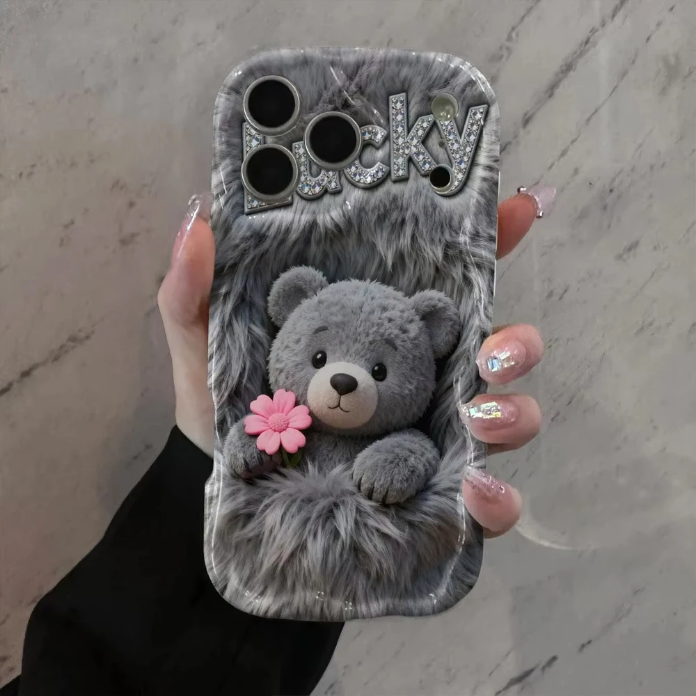 Cute Grey Teddy Bear Phone Case For Samsung Galaxy A17 M16 A56 A36 A26 A16 A06 A35 A55 A25 A05s A15 A54 A34 A24 A73 A53 4G 5G