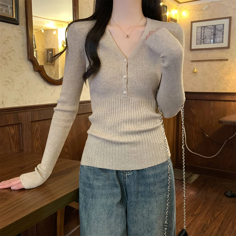 Stretch Slim Fit V-Neck Knitted Sweater Women Spring Autumn Sexy Tight Button Long Sleeve Pullovers High Quality Ribbed Knitwear