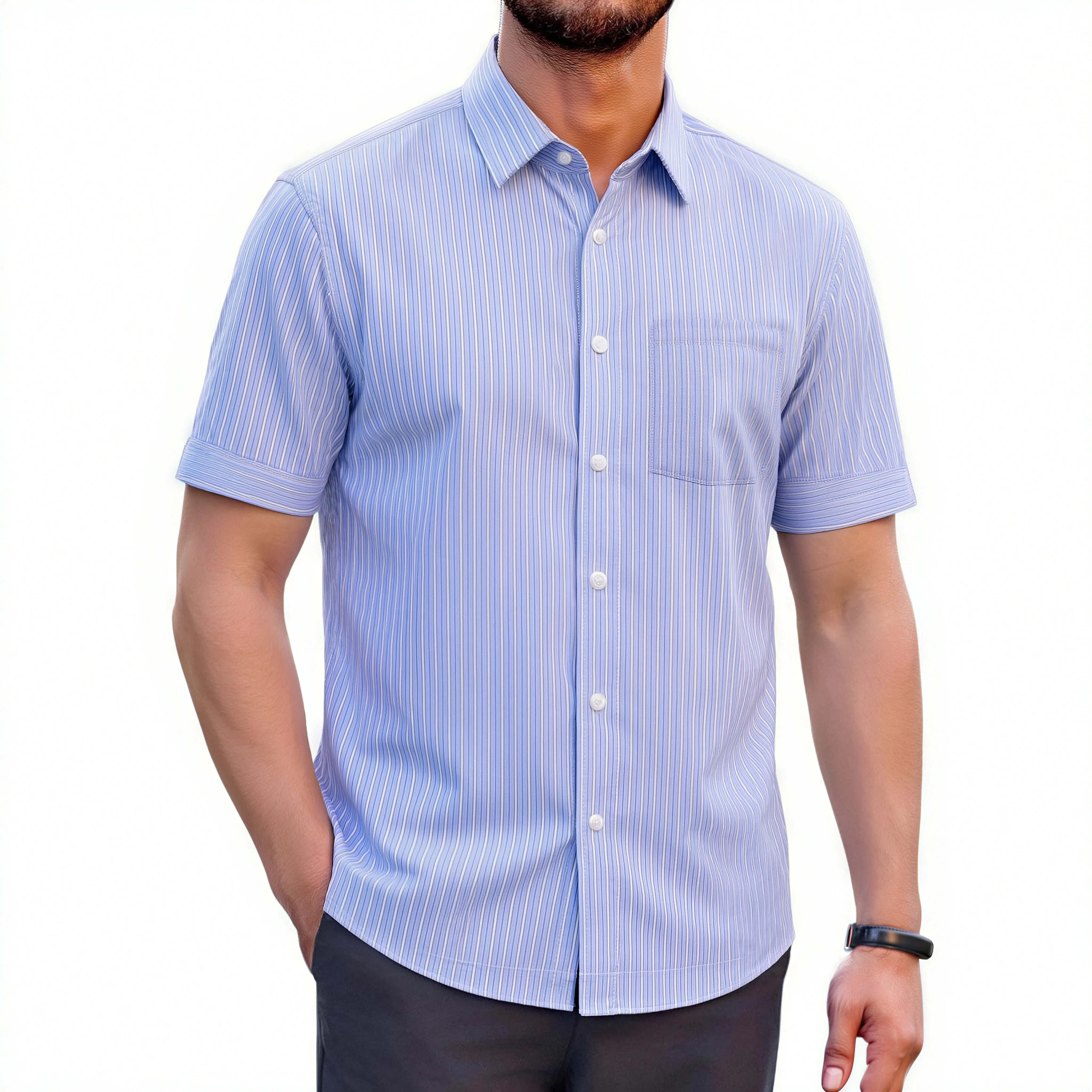 Men's short-sleeved shirt with straight-cut stripes, high-quality, non-stretchable, fashionable, versatile and simple design
