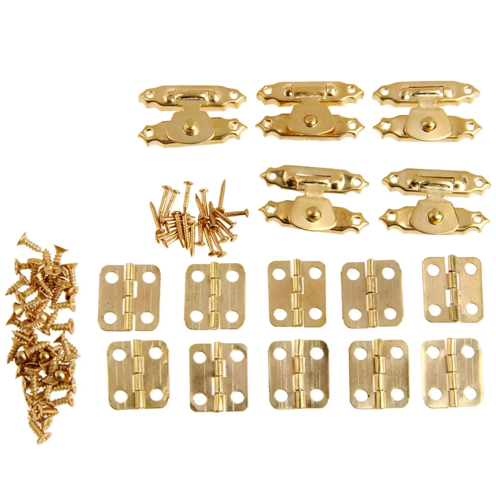 Gold 5Pcs Vintage Cupboard Cabinet Jewelry Wooden Box Latch Hasps Clasps Buckle with 10Pcs Hinges and Screws Furniture Hardware