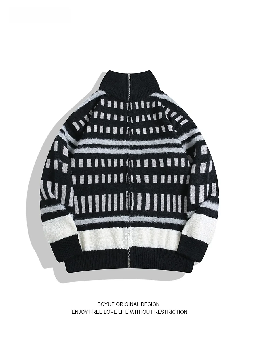 

BOYUE American Sle Zipper Ne Knitted Sweater Men Women Striped Retro Color Blo Lazy Sle Long Sve Casual Coat