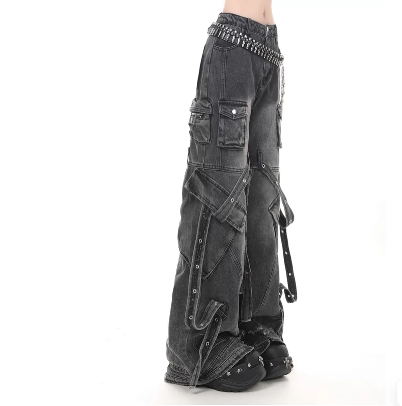 Original Punk-style Distressed Strap Retro Ribbon Pocket Wide-Leg Pants