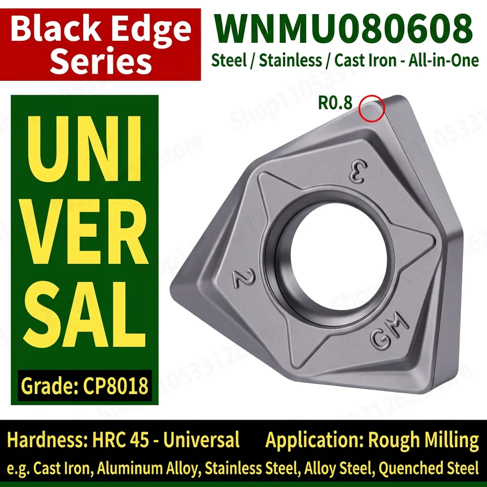 WNMU080608 Carbide Trigon Milling Insert R0.8 CP8018 for Cast Iron Aluminum Stainless Alloy & Hardened Steel