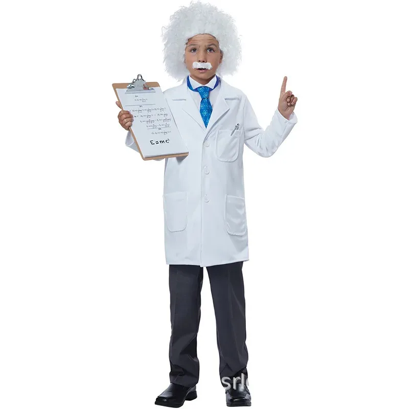 L2025l nuevo Cosplay niños científico Cosplay disfraces conjuntos con peluca para niña niño Jop carrera Cos ropa Tops blancos físico R