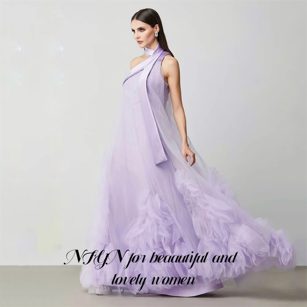 Nfyn lavanda vestidos de noite halter pescoço vestidos de baile volumoso tule vestido de celebridade sem mangas vestidos formais personalizados