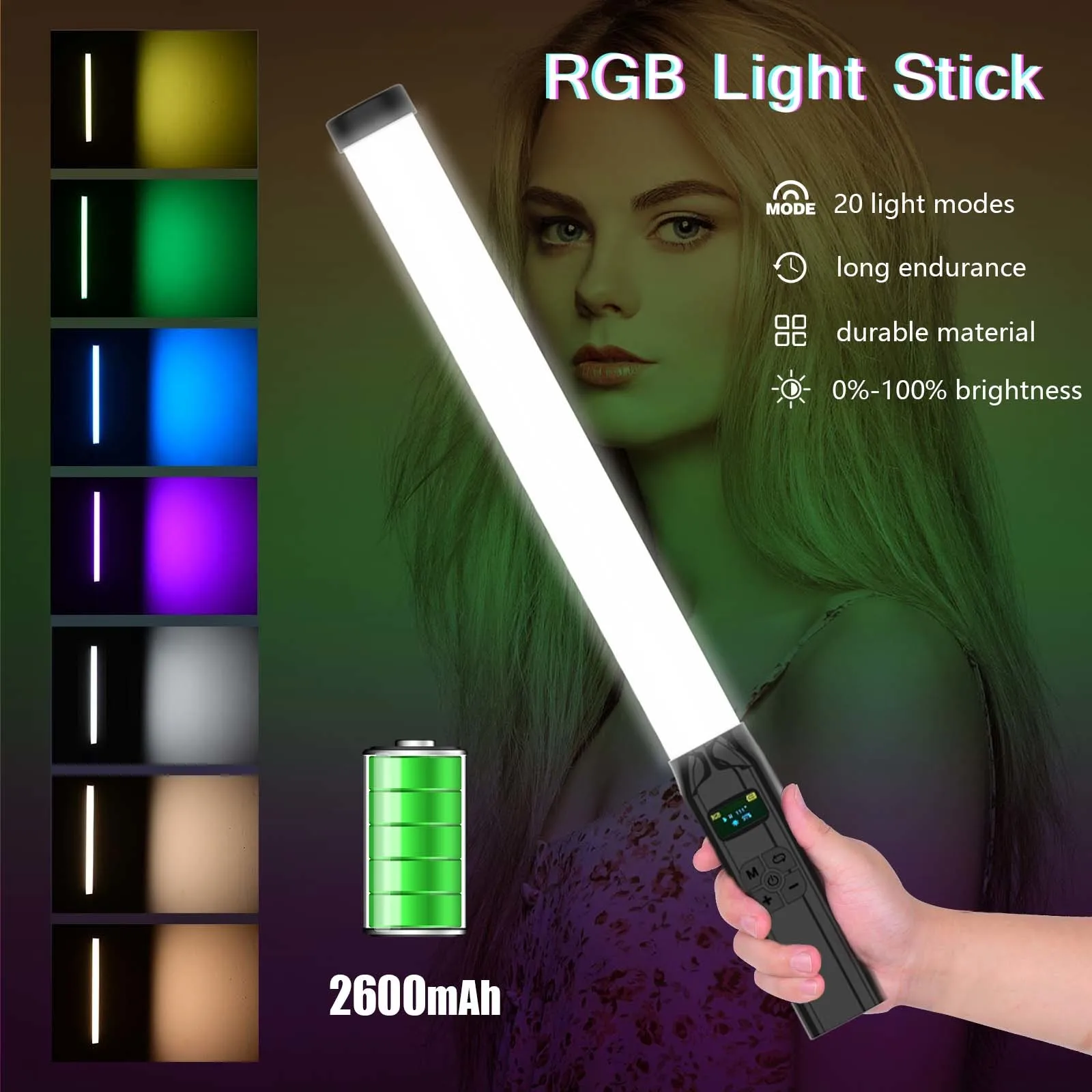 RGB Handheld LED Light 360°RGB Video Wand Stick for Photography 2600mAh Built-in Rechargable Cube Light 2500-9000K Camera Light