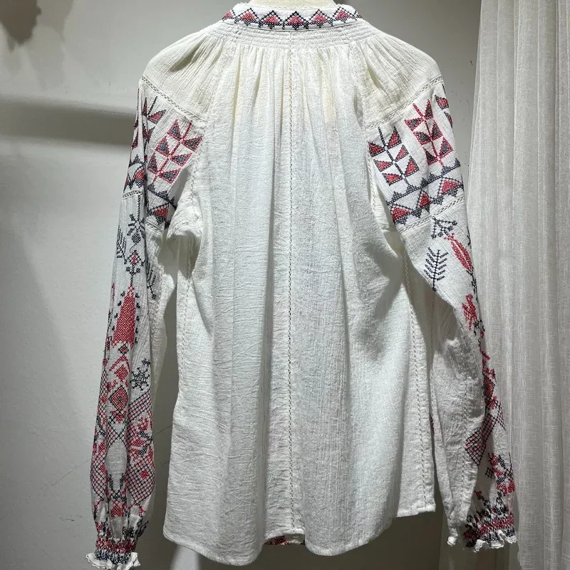 2024 Fashion Collection Spring Summer Cotton Vintage White Geometric Embroidery Long Sleeve Tassels V-Neck Blouse Tops