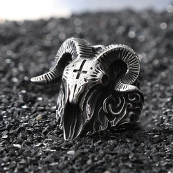 Gothic Lucifer Vintage Sheep Head Rings For Men Punk Hip Hop Stainless Steel Skull Cross Ring Fashion Jewelry Gifts Dropshipping