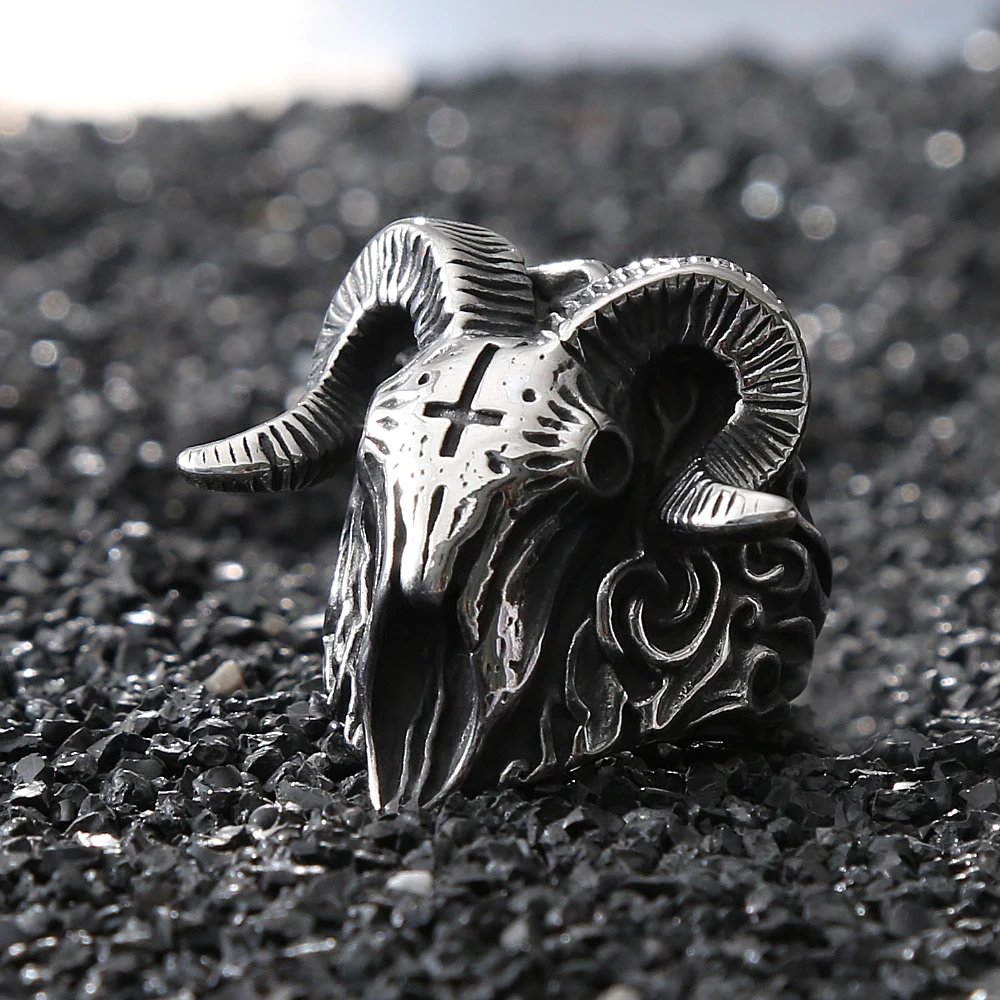 Gothic Lucifer Vintage Sheep Head Rings For Men Punk Hip Hop Stainless Steel Skull Cross Ring Fashion Jewelry Gifts Dropshipping