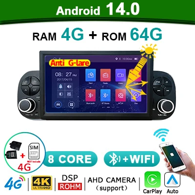 7 ''Android 14 Auto Carplay Autoradio Stereo Voor Fiat Panda 2020-2023 2 Din Auto Radio Bluetooth Multimedia Speler Scherm 4G Lte