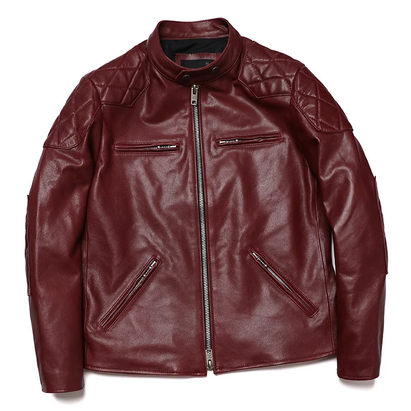 

New Motocycle Red Real Sheepskin Leather Jacket Men's 100% Genuine Biker Coats Man Slim Jackets Fashion Clothing