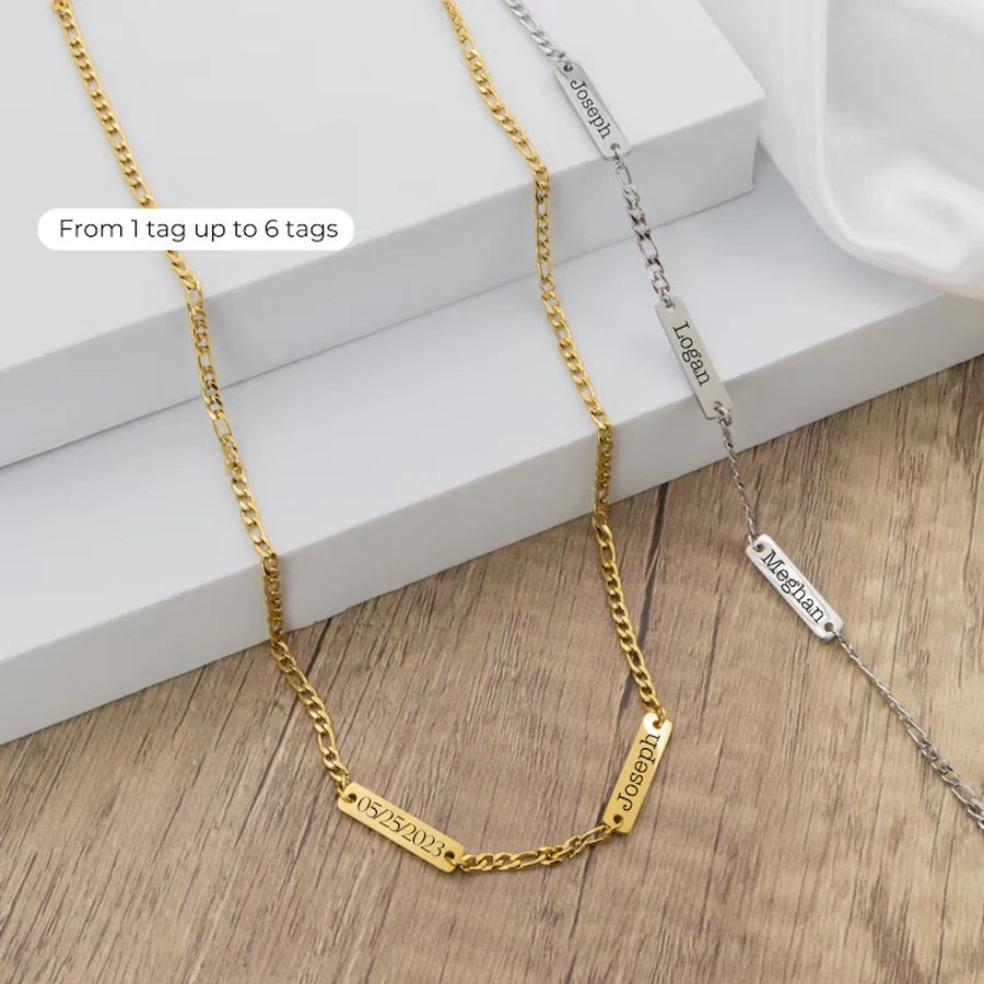 Acheerup Personalized Engrave 1-6 Kids Names Bar Necklace for Women Men Stainless Steel Figaro Chain Family Father's Day Gift