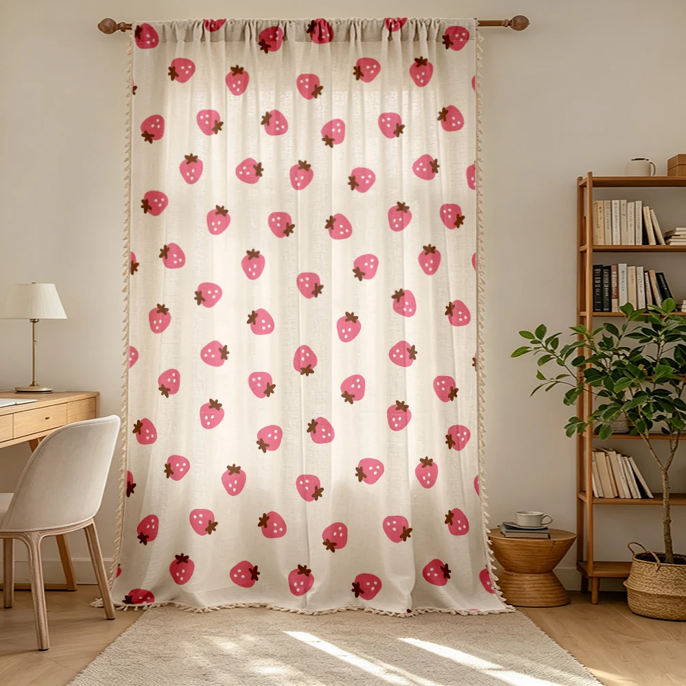 1PC Cute Tassel Sheer Curtain, Pink Strawberry Print, Digital Print, Linen Polyester, Bedroom Living Room, Kids Room Home Decor