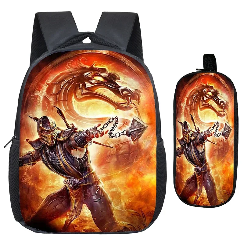 2pcs Set Mochila Mortal Kombat Printed School Bags Pen Bag Toddler Kindergarten Backpack for Preschool Boys Girls Cute Rucksack