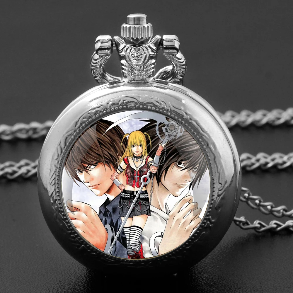 Anime Death Note Design Glass Dome Quartz Pocket Watch with Durable Chain Arabic Numeral Dial for Men and Women Creative Gifts