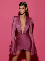 Sexy Deep V Neck Flare Sleeve Pleats Mini Dress Women Longh Sleeves Backless Ruched Slim Dress Elegant Christmas Party Evening