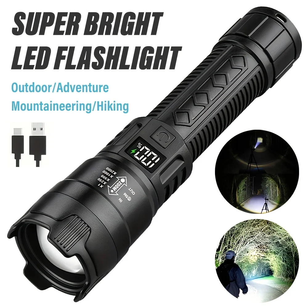 High Power LED Flashlight Tactical Torch USB Rechargeable Power Display Zoom Waterproof Lamp Camping Fishing Emergency Outdoor