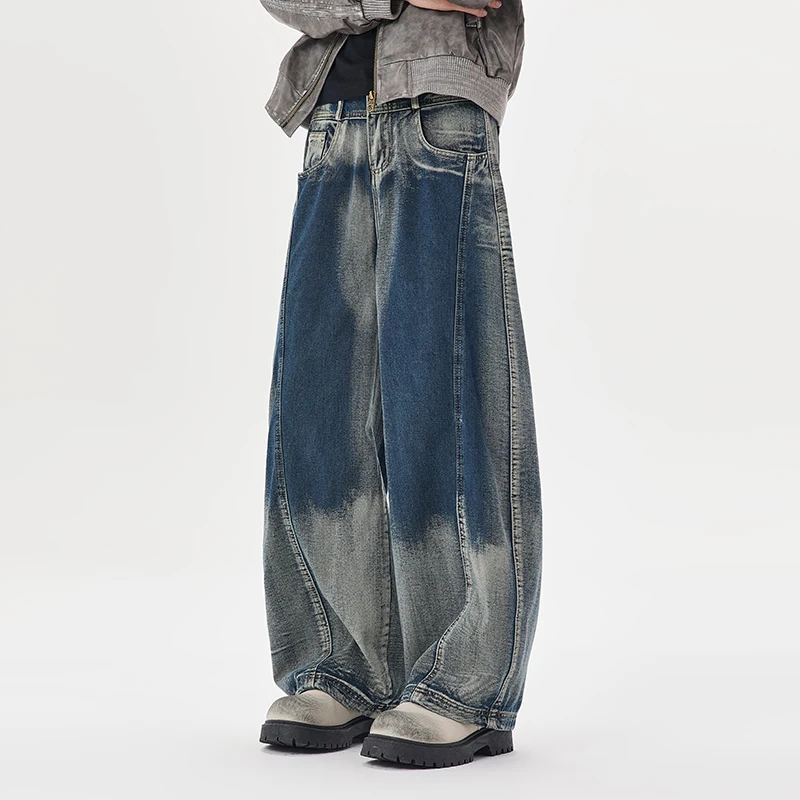 

Мужские осенние японские джинсы с градиентом, потертые прямые широкие брюки в стиле ретро, универсальная повседневная одежда, свободные повседневные брюки