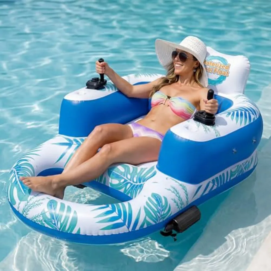 

Motorized Pool Float with Canopy for Lake Use PVC Material Navy Blue Dual Motors Cup Holder for Adult Lounging