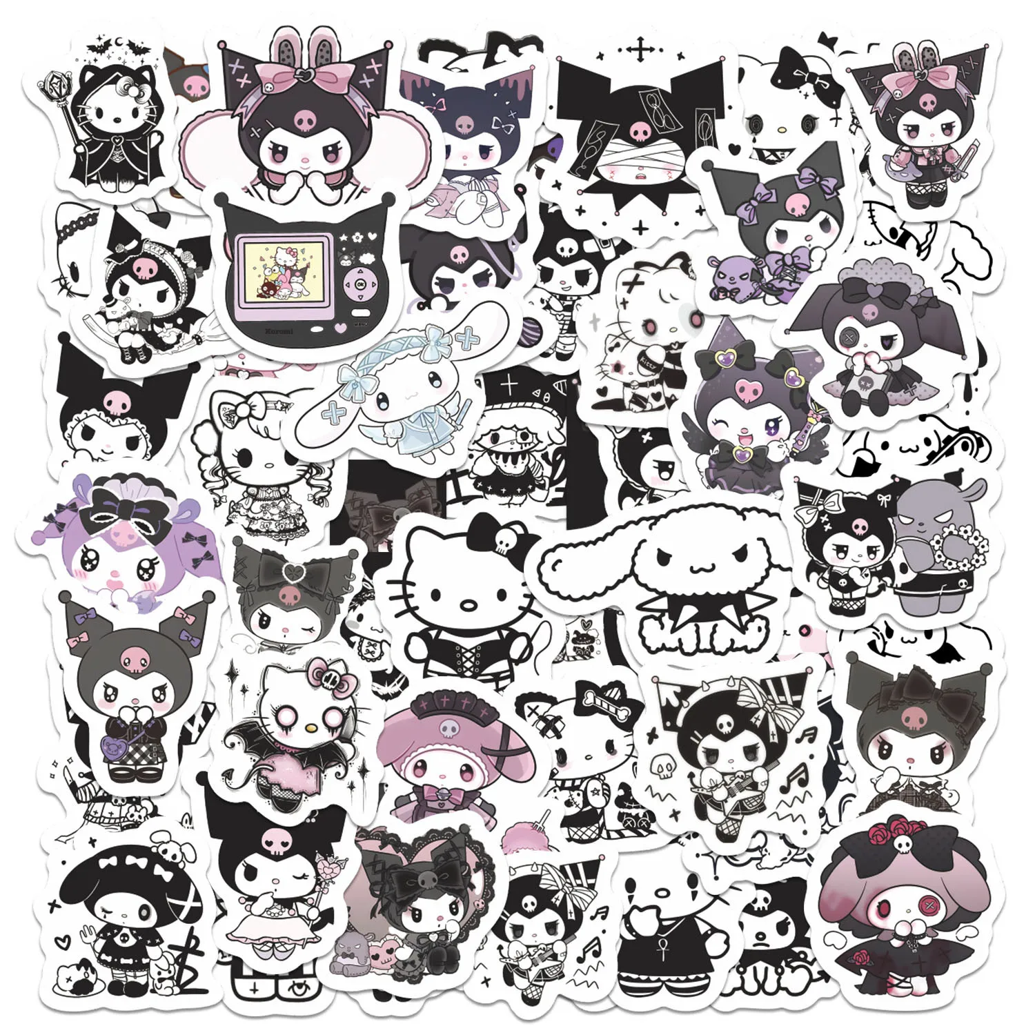 

60PCS Sanrio Dark Goth HelloKitty Kuromi Cartoon Sticker DIY Decoration PVC Waterproof Skateboard Notebook Graffiti Toys Gifts