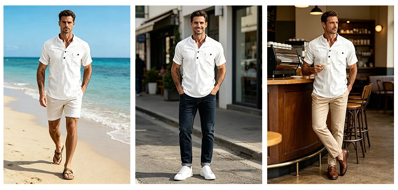 2026 Neues Herren Kurzarm Henley-Shirt mit Stehkragen und Tasche, Locker Geschnitten, Sommer Strand Alltags-Freizeitoberteil – Detail 1