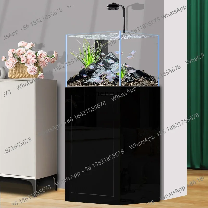 Small stream tank ultra-white glass ecological water-free bottom filter next to the TV goldfish tank integrated