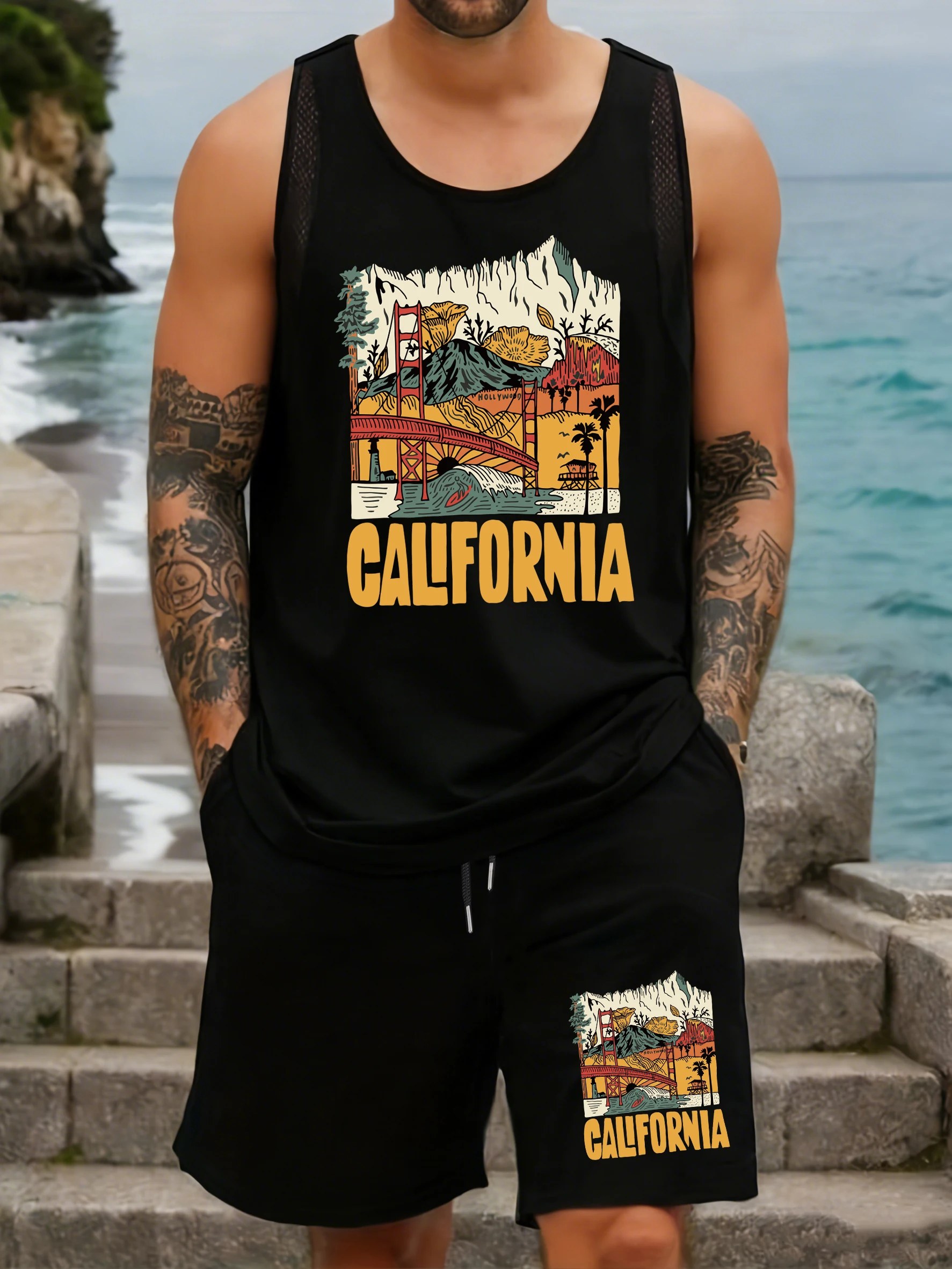 California Beautiful Bridge Scenery Men Mesh Tank Tops Set Sleeveless Summer Camisole Wide-Leg Pocket Shorts Breathable Vest