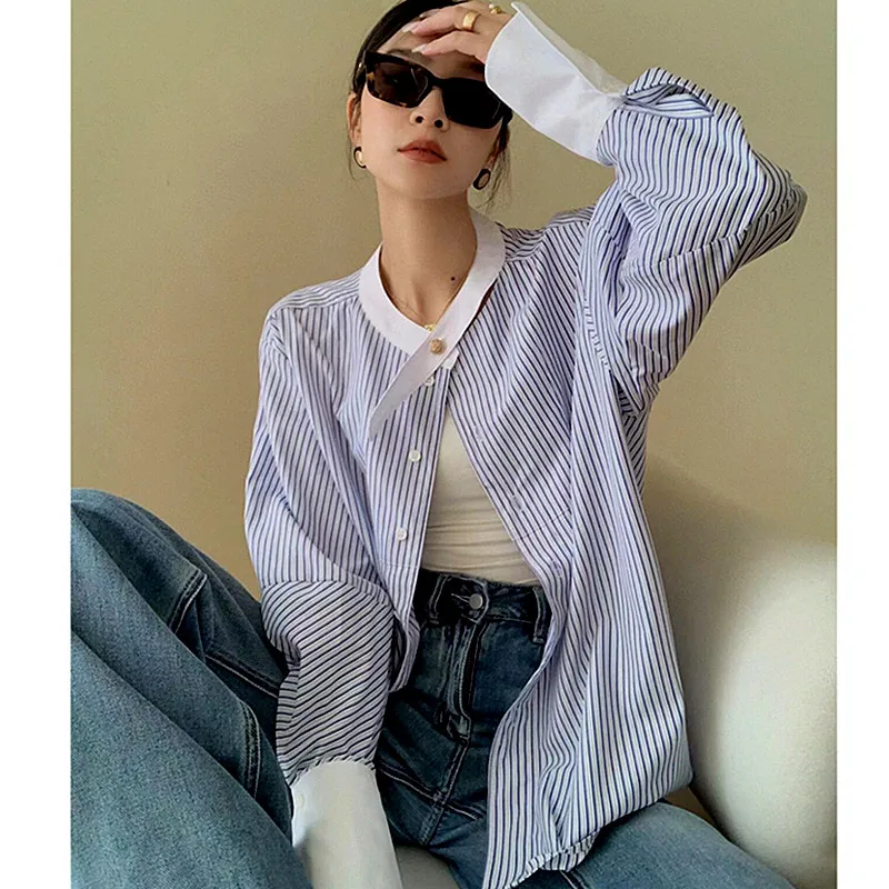 Korean Style Blouses Shirts Women's Stripped Print Loose Shirt Ladies Fancy Casual Long Batwing Sleeve Blouses Shirts NS621